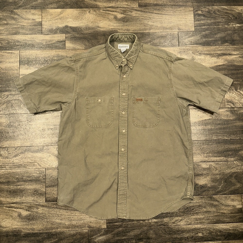 Carhartt Canvas Short-Sleeve Button-Down Work Shirt Collard Men's Large Green